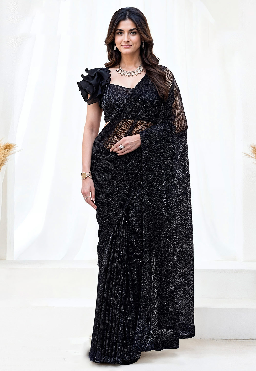 Black Tulle Lehenga Saree 326770