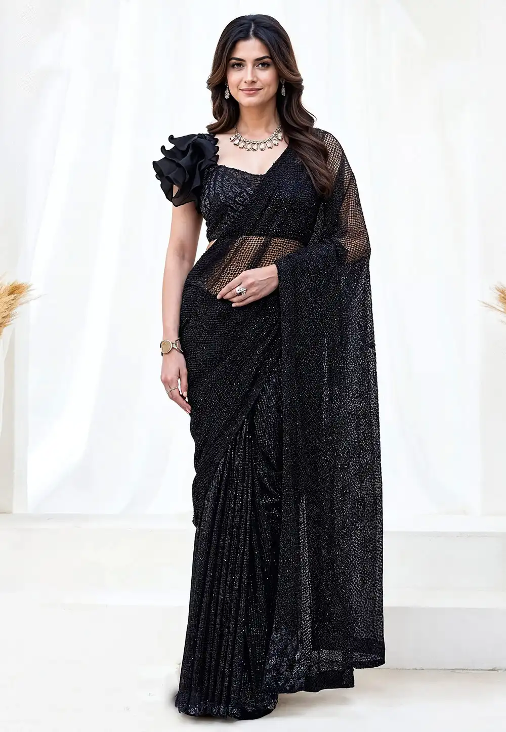 Black Tulle Lehenga Saree 326770