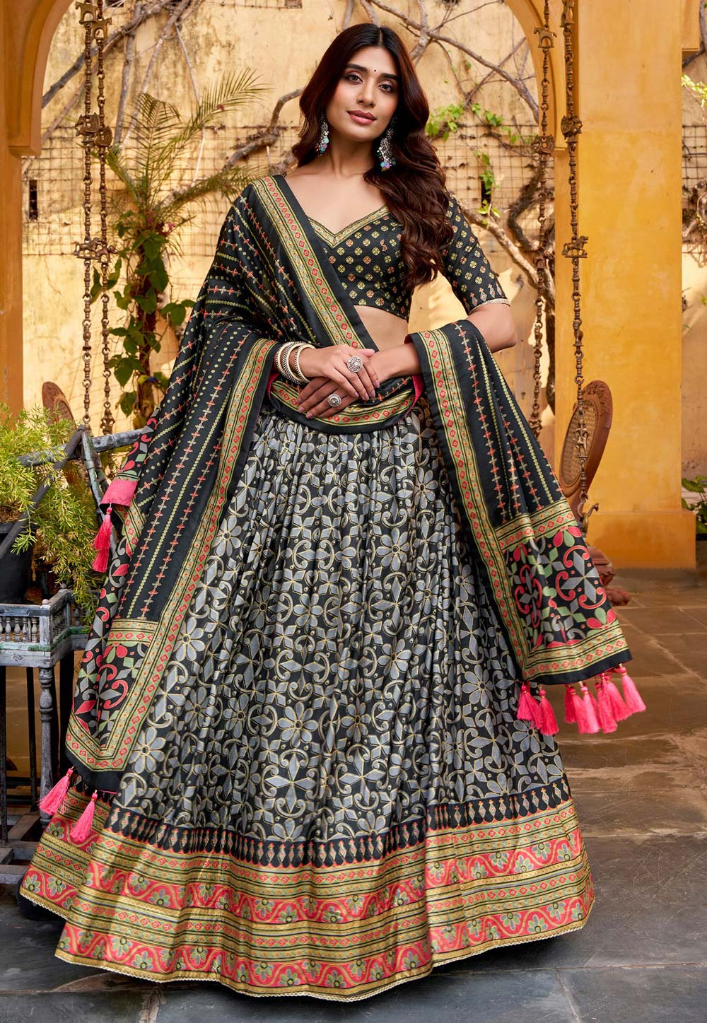 Black Tussar Silk Circular Lehenga Choli 322805