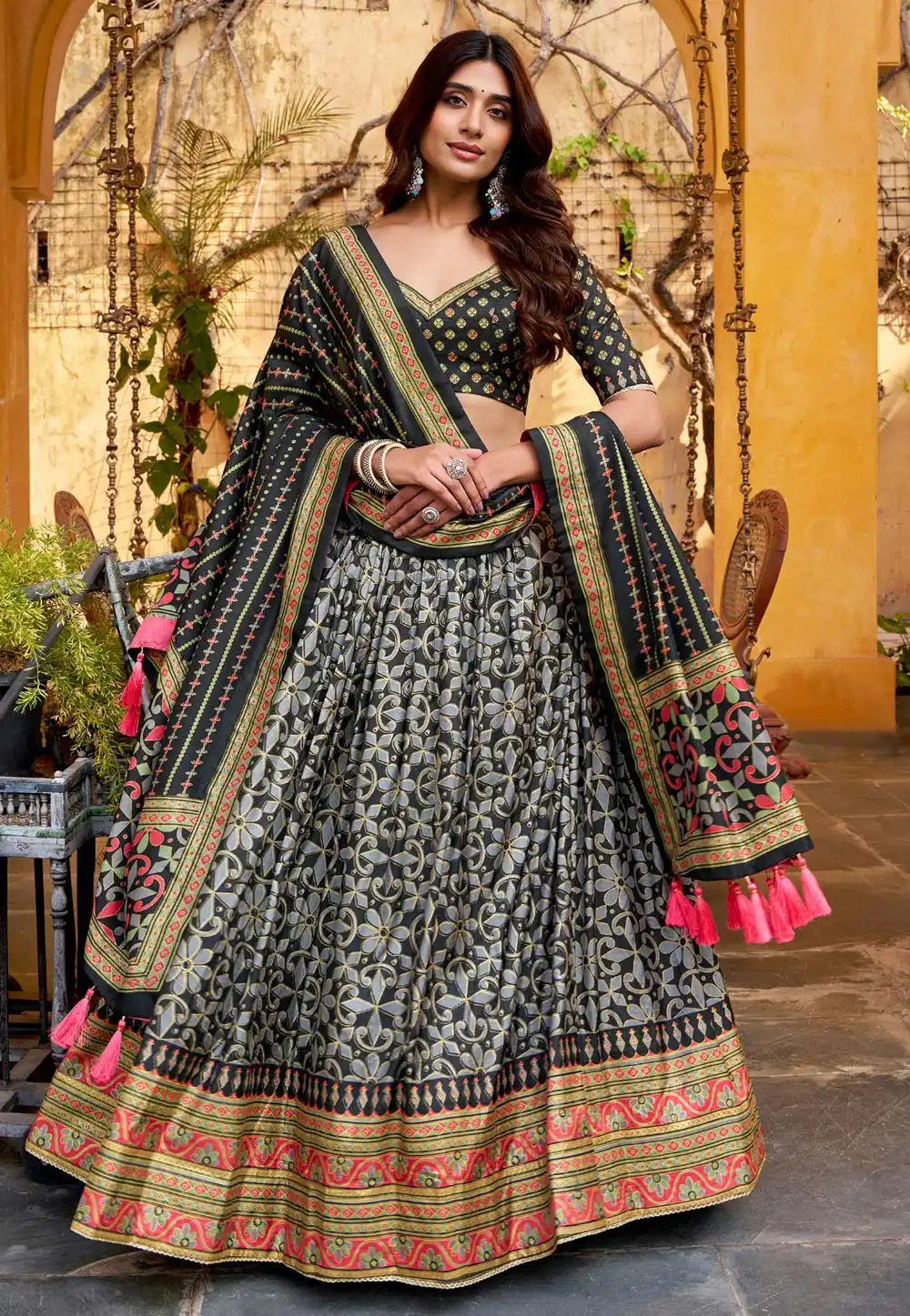 Black Tussar Silk Circular Lehenga Choli 322805