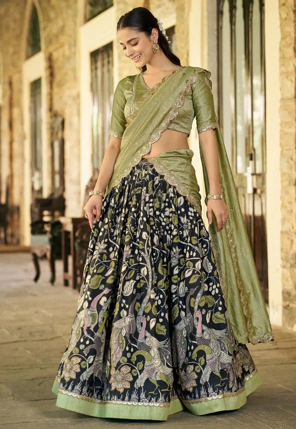 Black Tussar Silk Floral print Lehenga Choli 330110