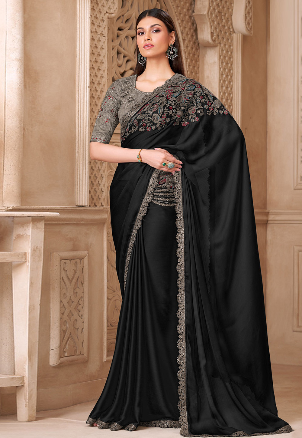 Black Tussar Silk Saree With Blouse 325677
