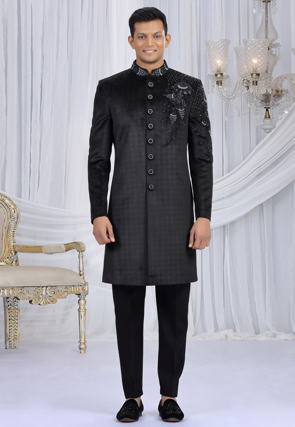 Black Velvet Achkan Style Sherwani 319059