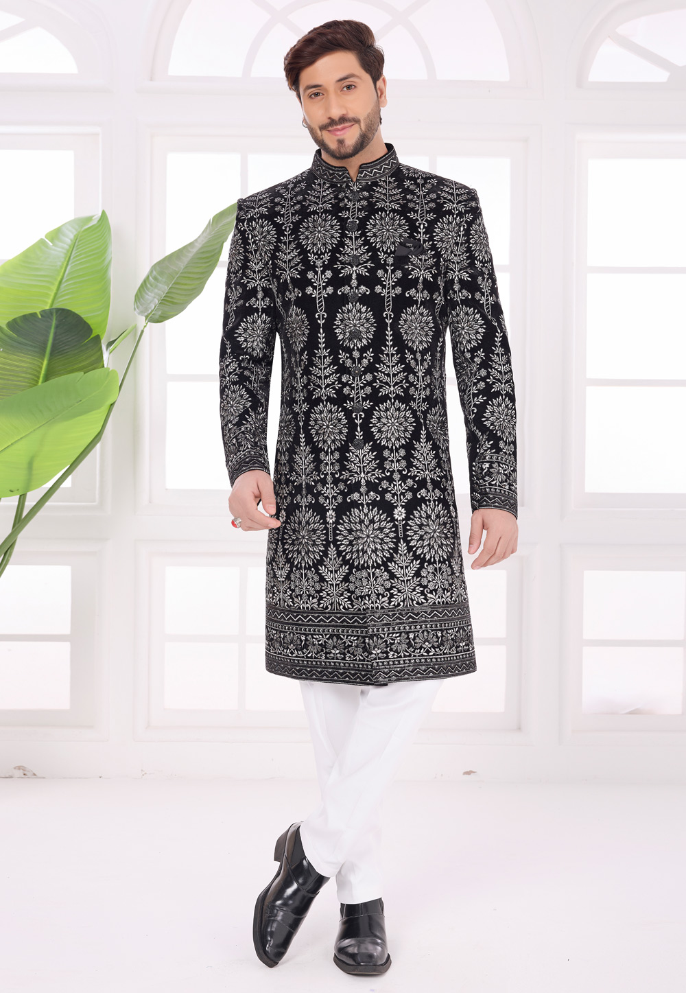Black Velvet Achkan Style Sherwani 327056