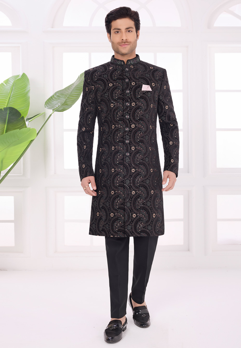 Black Velvet Achkan Style Sherwani 327058