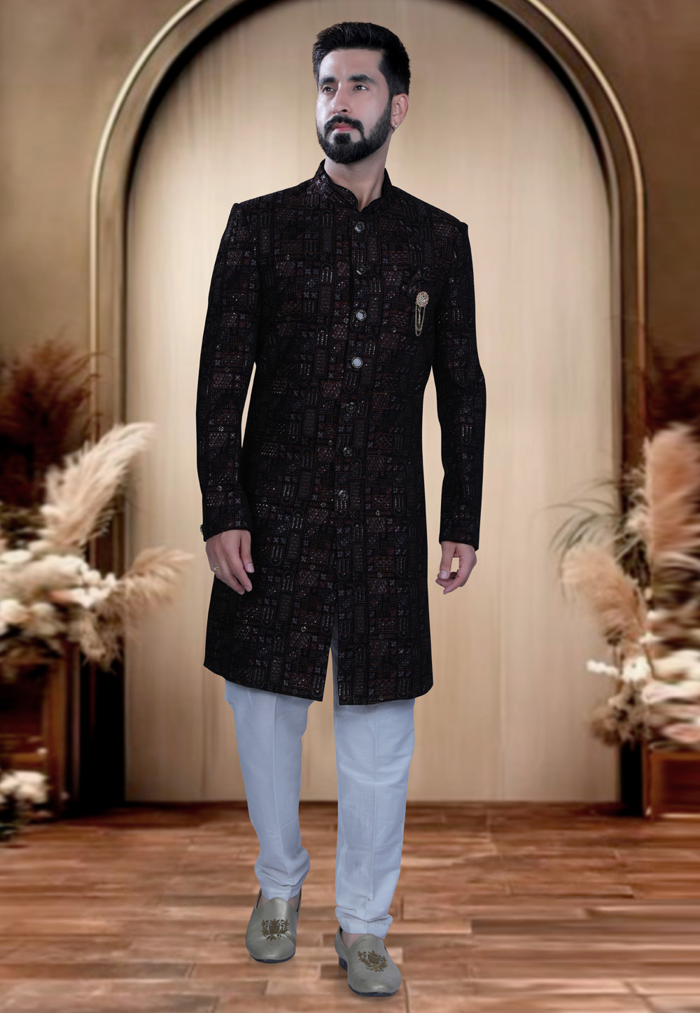 Black Velvet Achkan Style Sherwani 319659