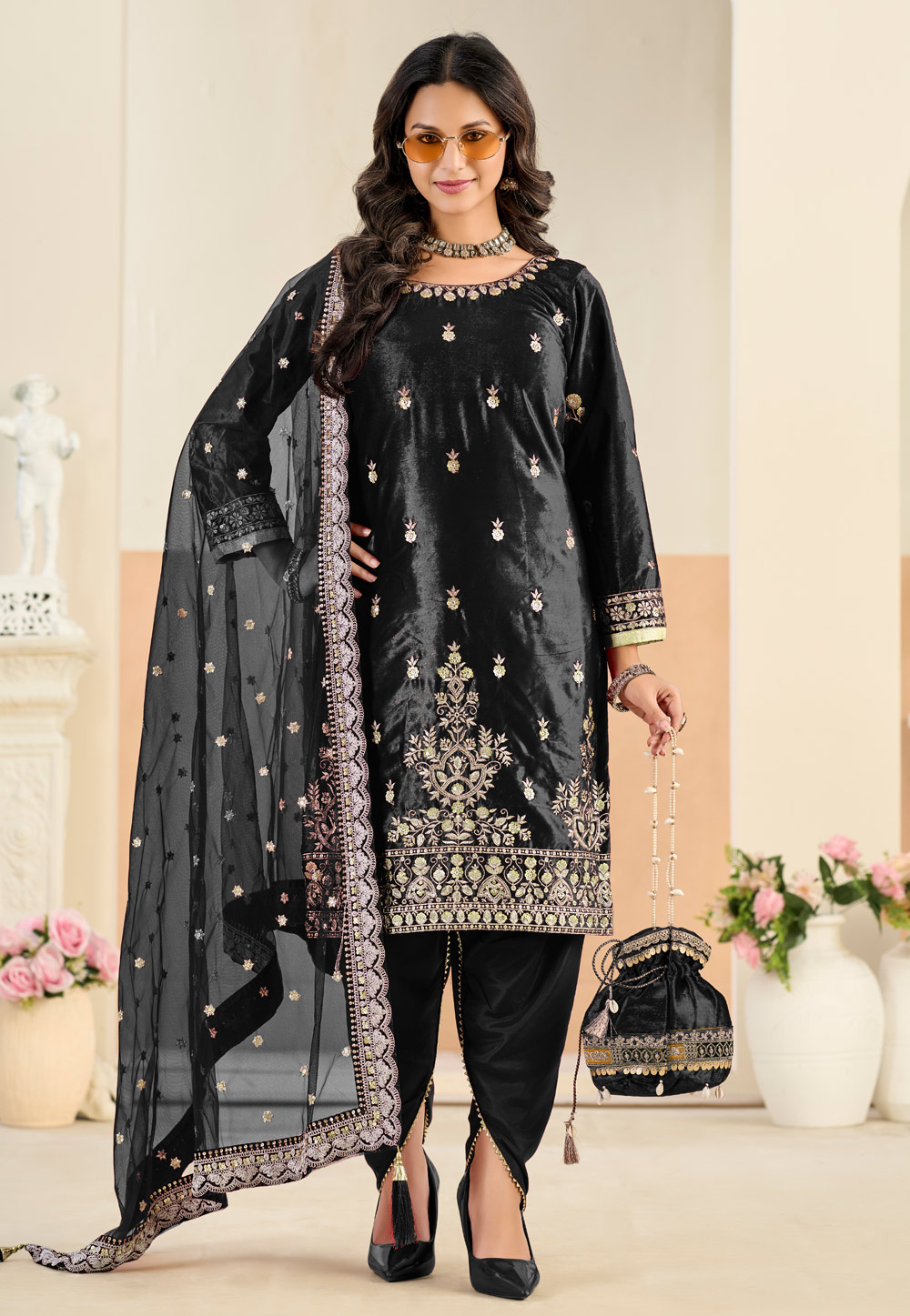 Black Velvet Dhoti Salwar Suit 324074