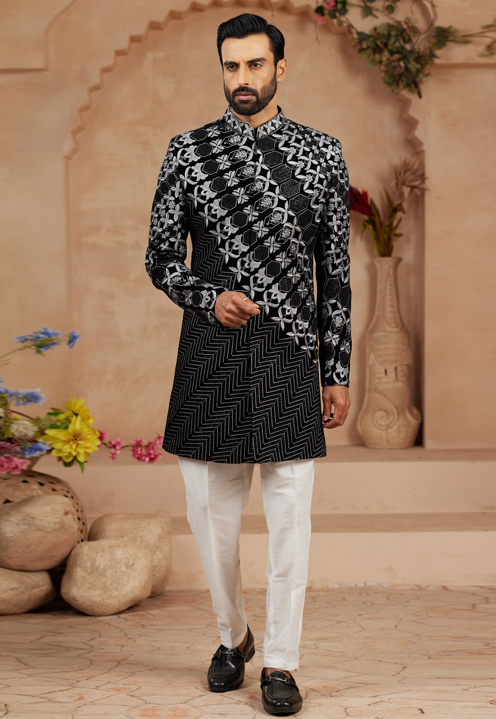 Black Velvet Indo Western Sherwani 306719