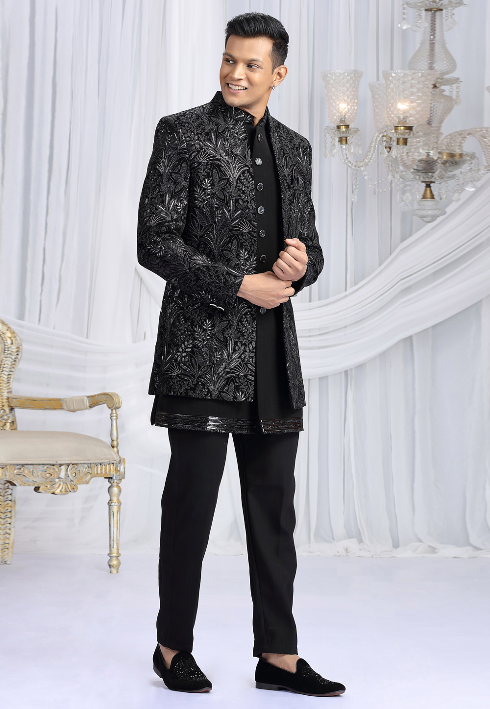 Black Velvet Indo Western Suit 319048