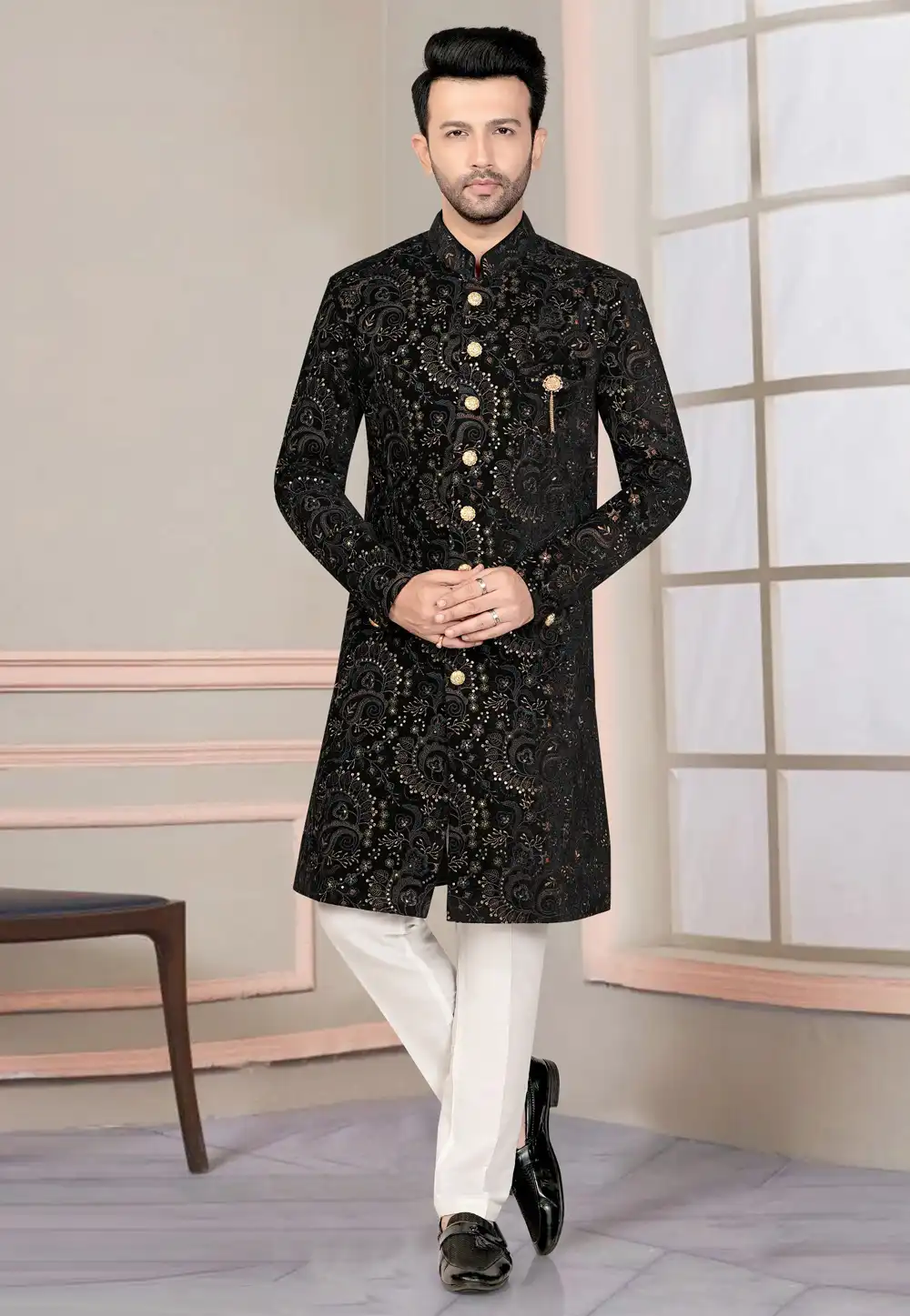 Black Velvet Indo Western Suit 316106