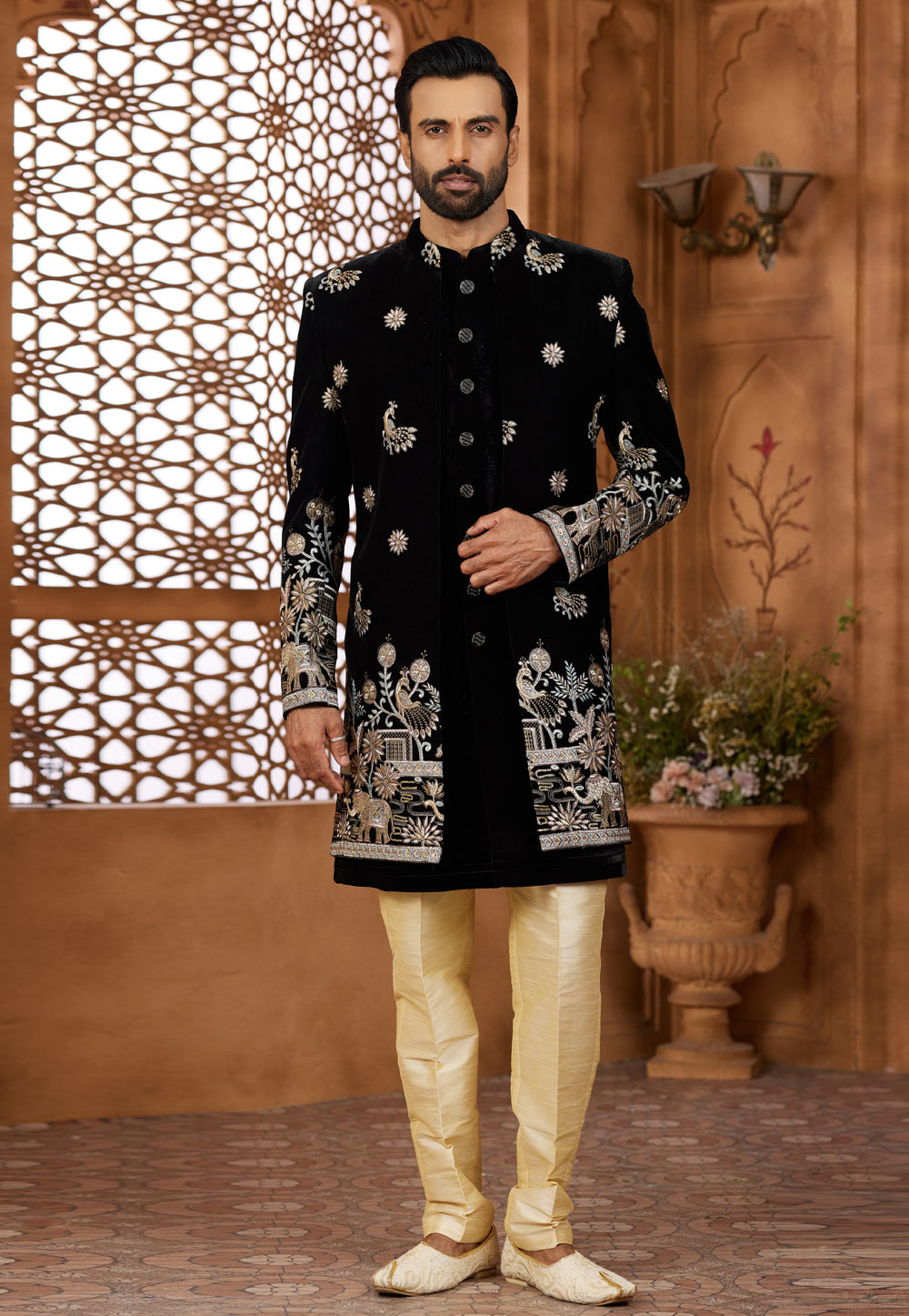 Black Velvet Jacket Style Sherwani 306706