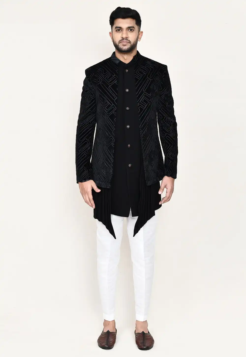 Black Velvet Jacket Style Sherwani 306099