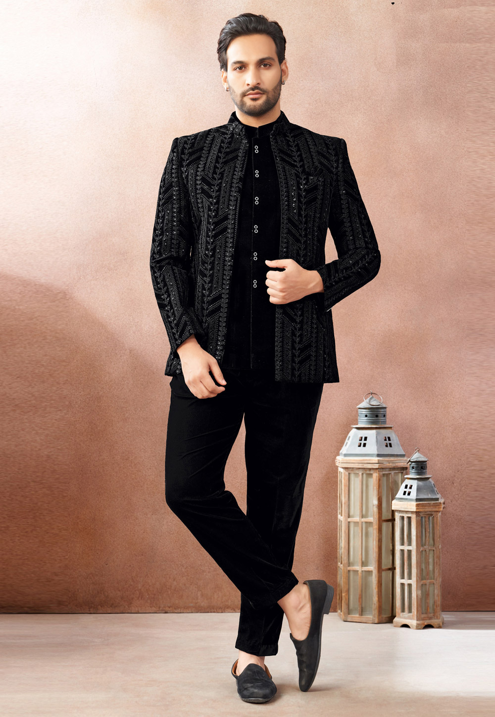 Black Velvet Jodhpuri Suit 325614