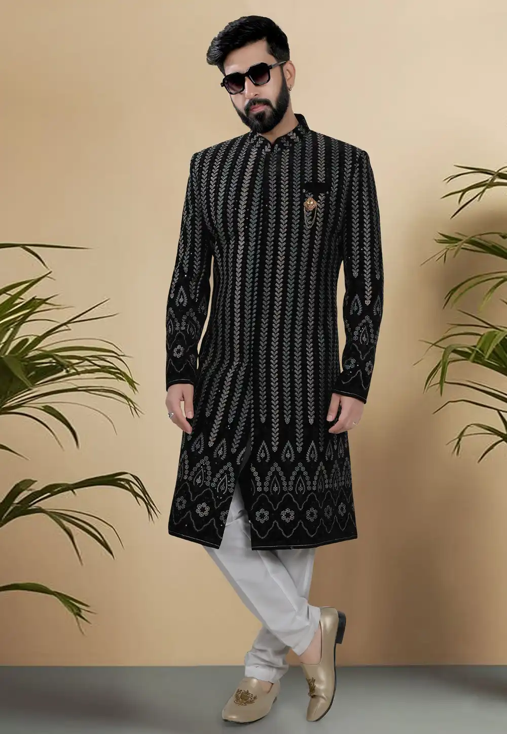 Black Velvet Pakistani Sherwani 313082