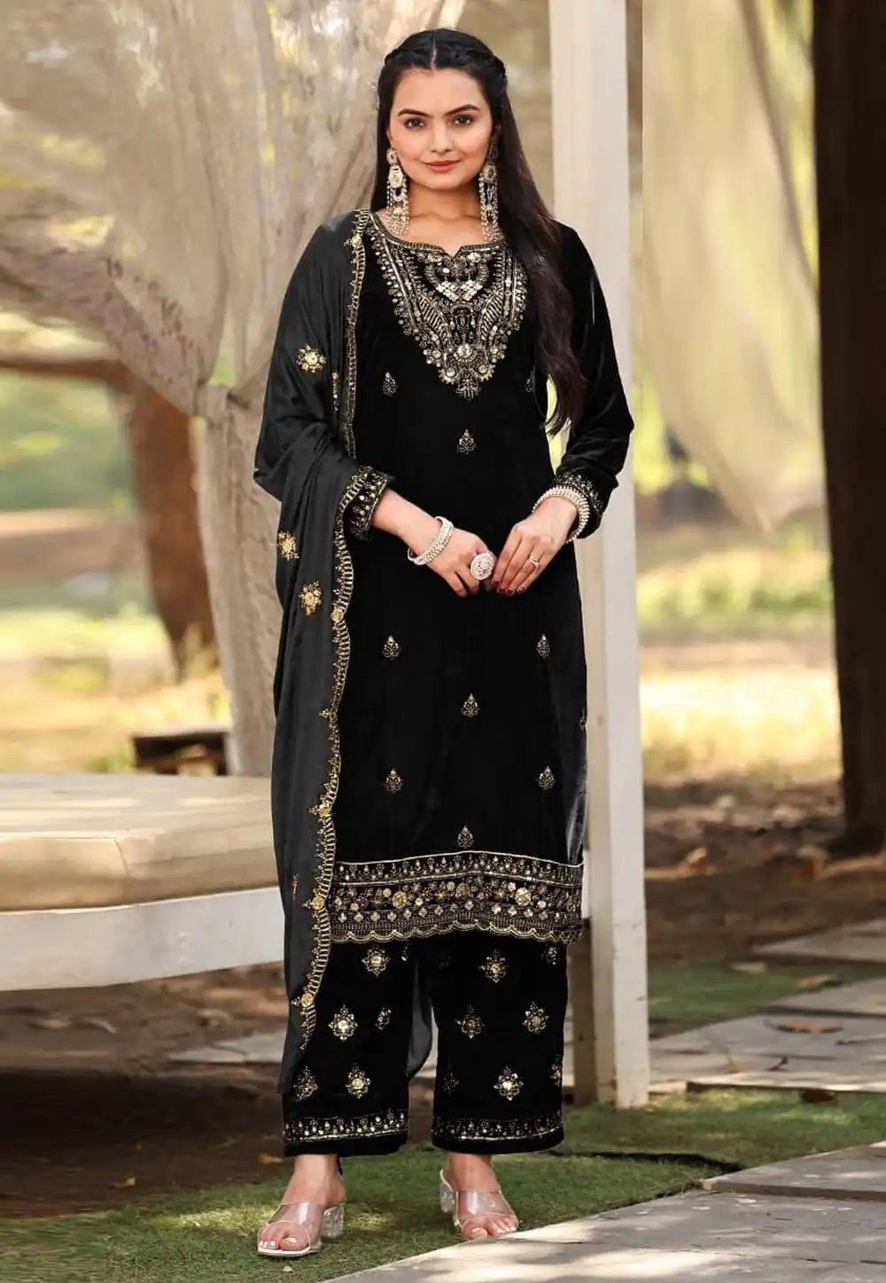 Black Velvet Readymade Palazzo Suit 317819