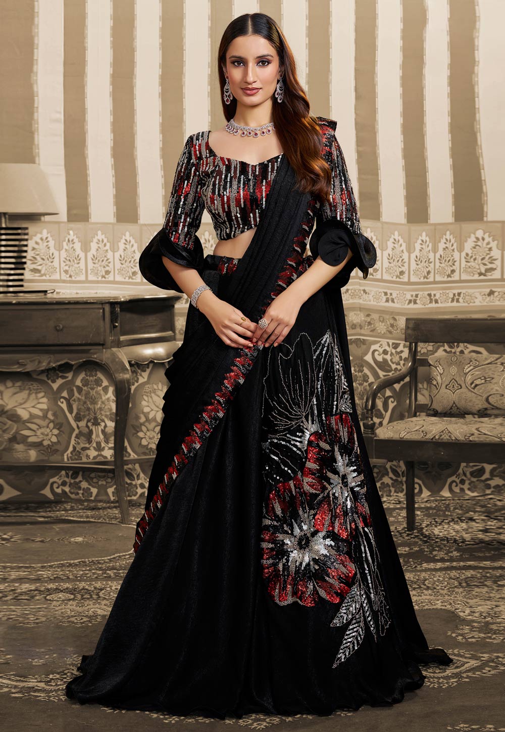Black Velvet Saree With Blouse 323666