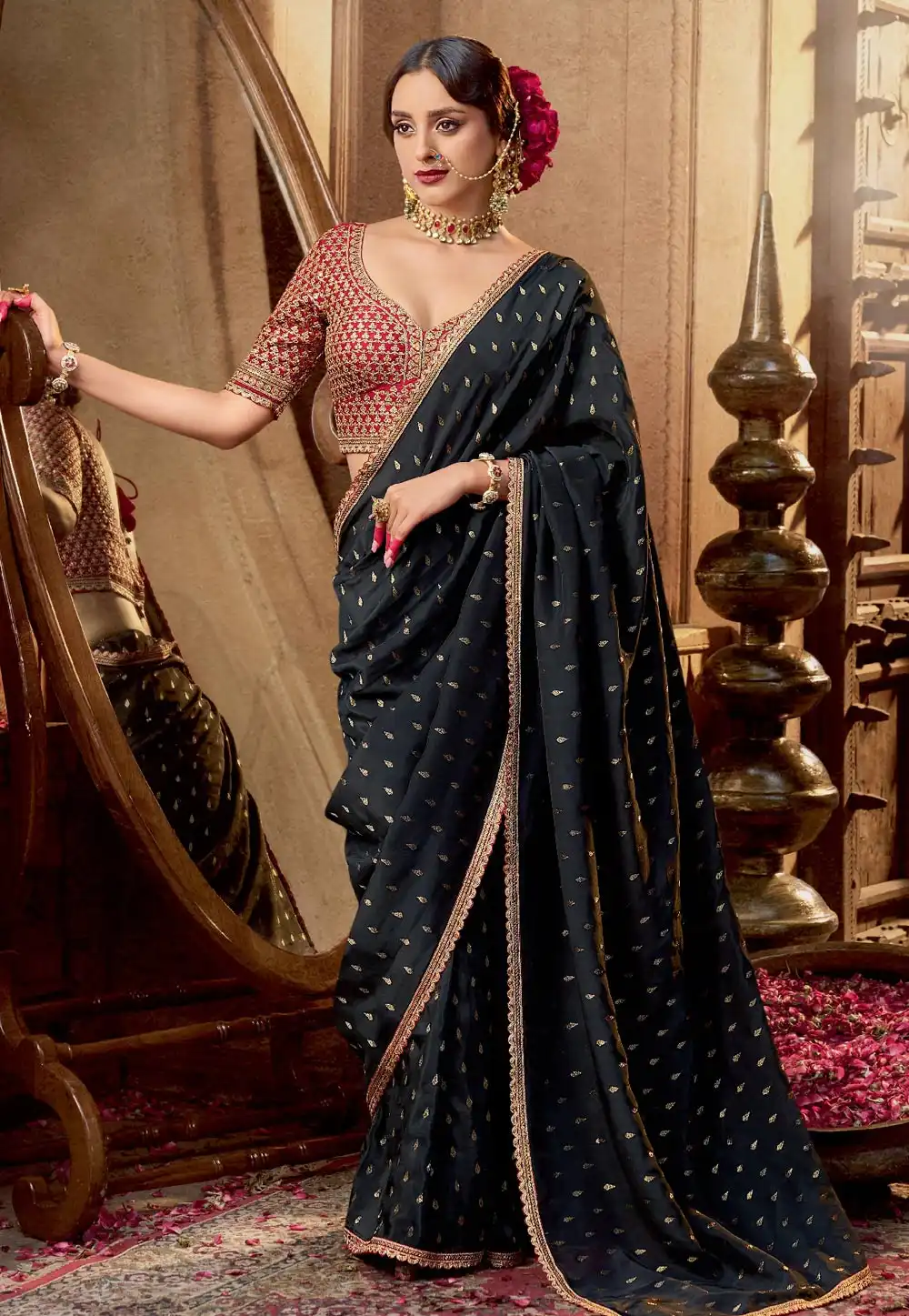 Black Viscose Crepe Saree With Blouse 313433