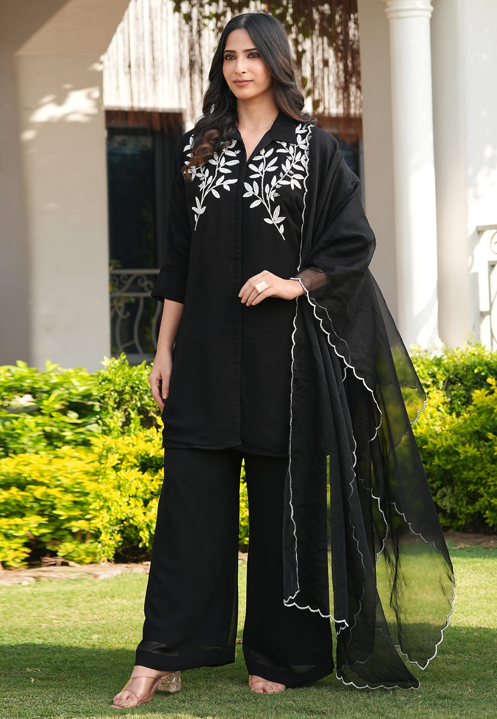 Black Viscose Georgette Readymade Palazzo Suit 325076