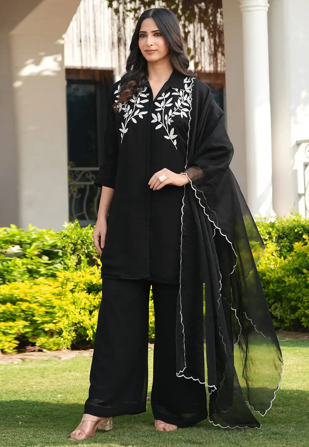 Black Viscose Georgette Readymade Palazzo Suit 325076