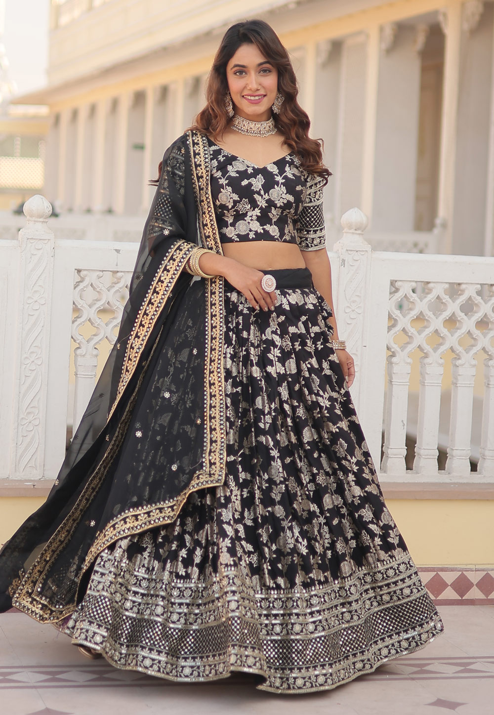 Black Viscose Jacquard Circular Lehenga Choli 278851