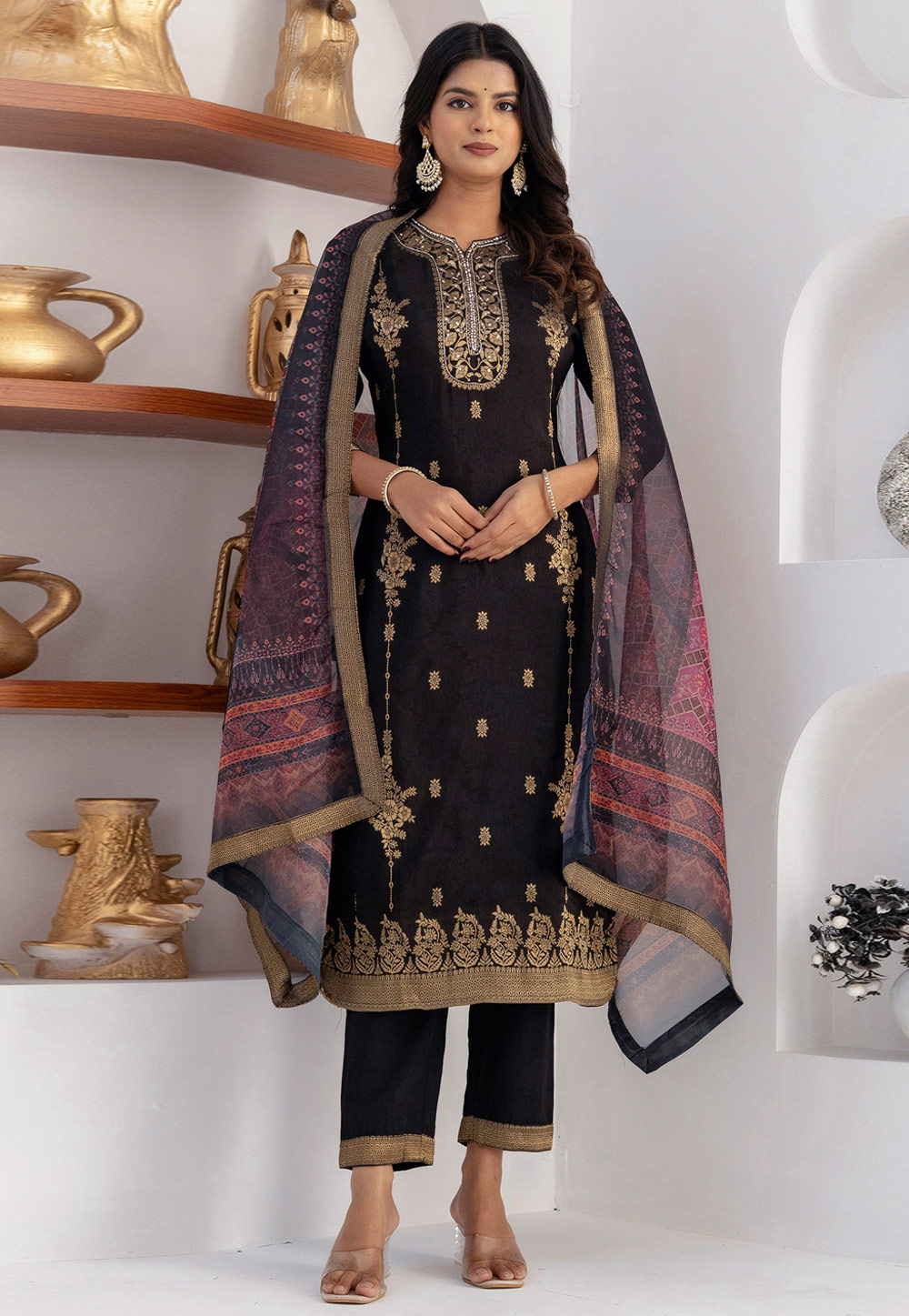 Black Viscose Jacquard Readymade Pant Style Suit 308391
