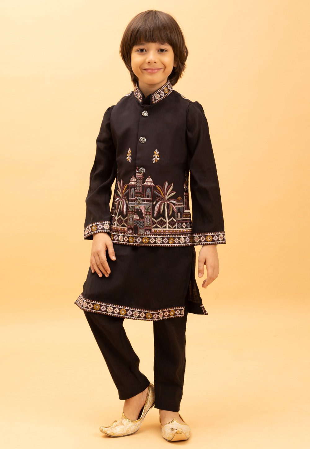 Black Viscose Kids Kurta Pajama With Jacket 316416