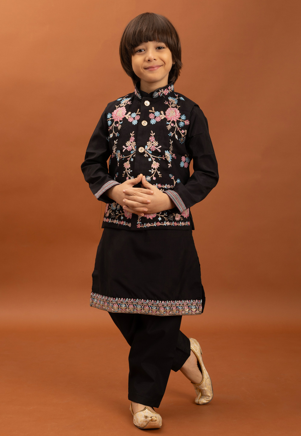 Black Viscose Kids Kurta Pajama With Jacket 318774