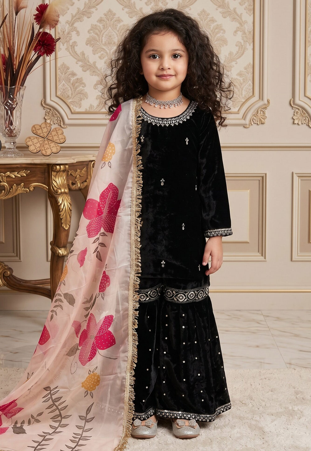 Black Viscose Kids Sharara Suit 329470