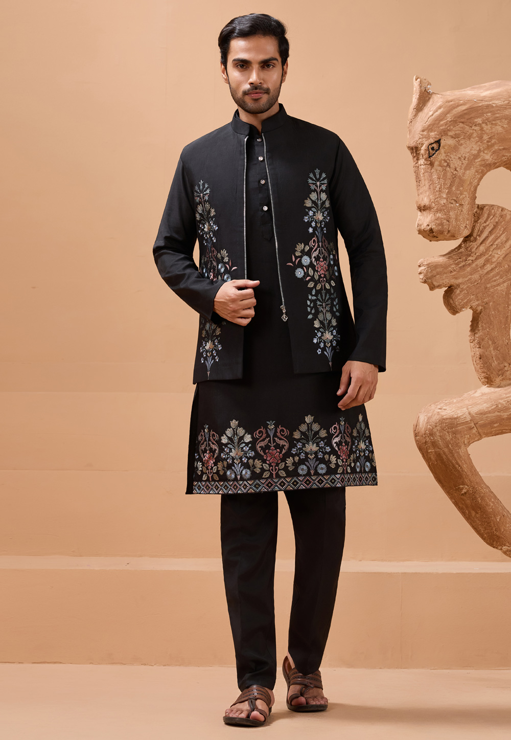 Black Viscose Kurta Pajama With Jacket 319275