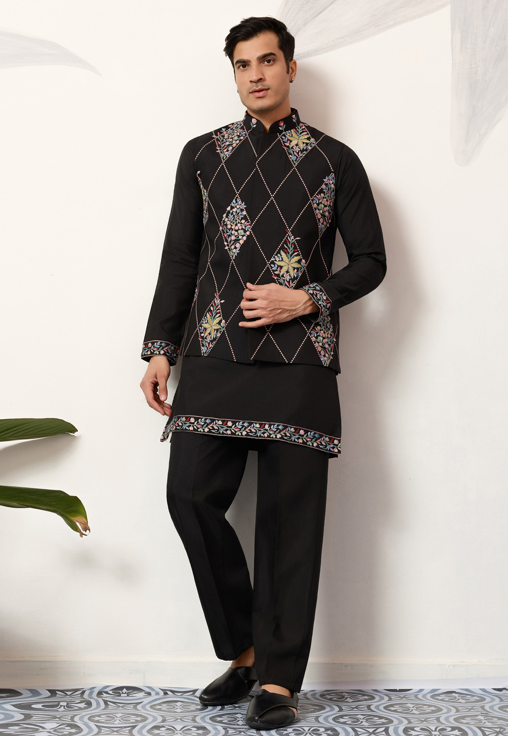 Black Viscose Kurta Pajama With Jacket 321907