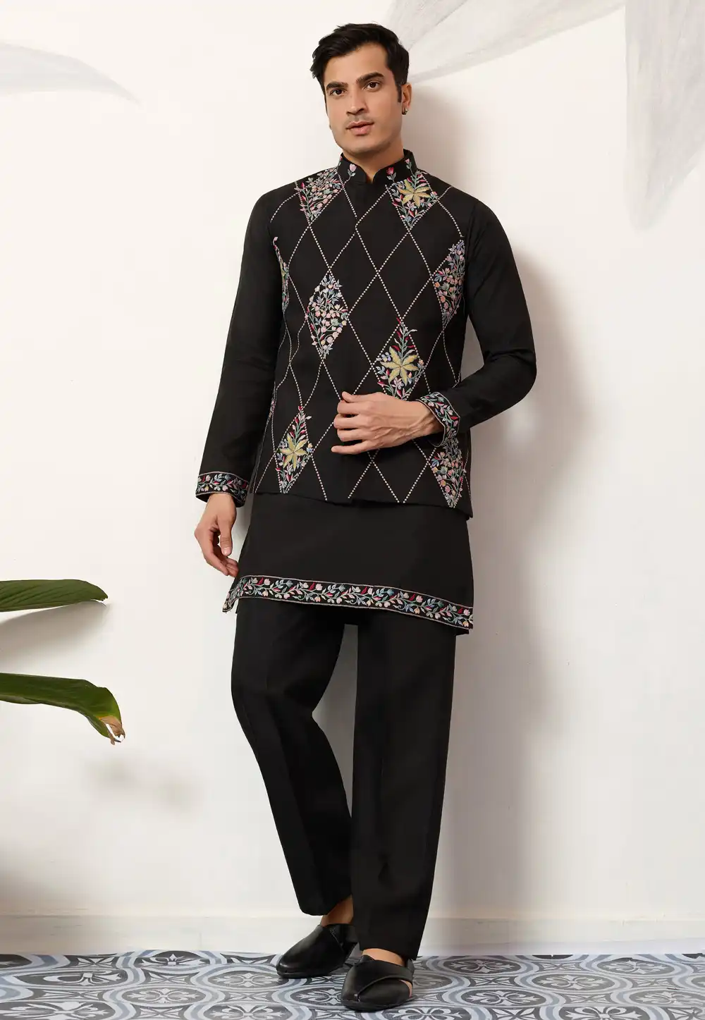 Black Viscose Kurta Pajama With Jacket 321907