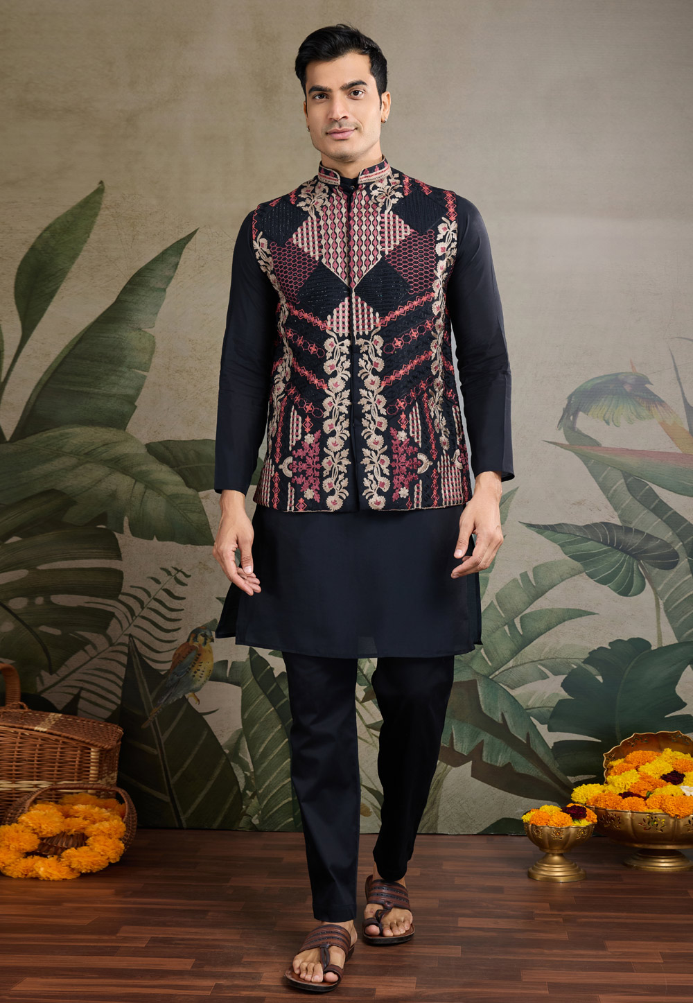 Black Viscose Kurta Pajama With Jacket 311686
