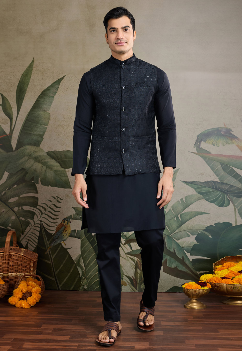 Black Viscose Kurta Pajama With Jacket 311694
