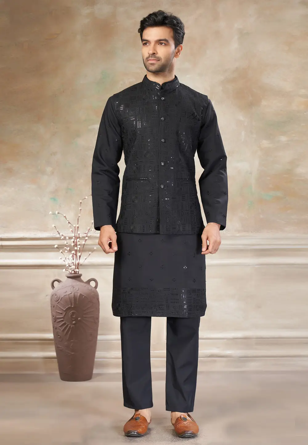 Black Viscose Kurta Pajama With Jacket 331114