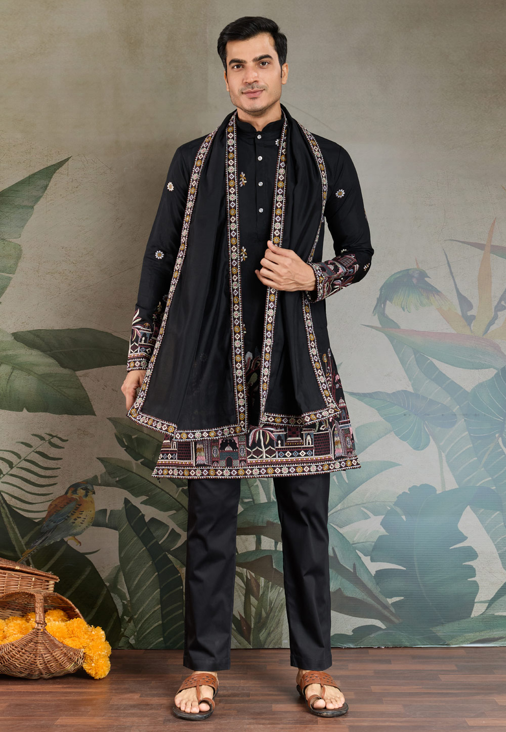 Black Viscose Kurta Pajama With Stole 311431