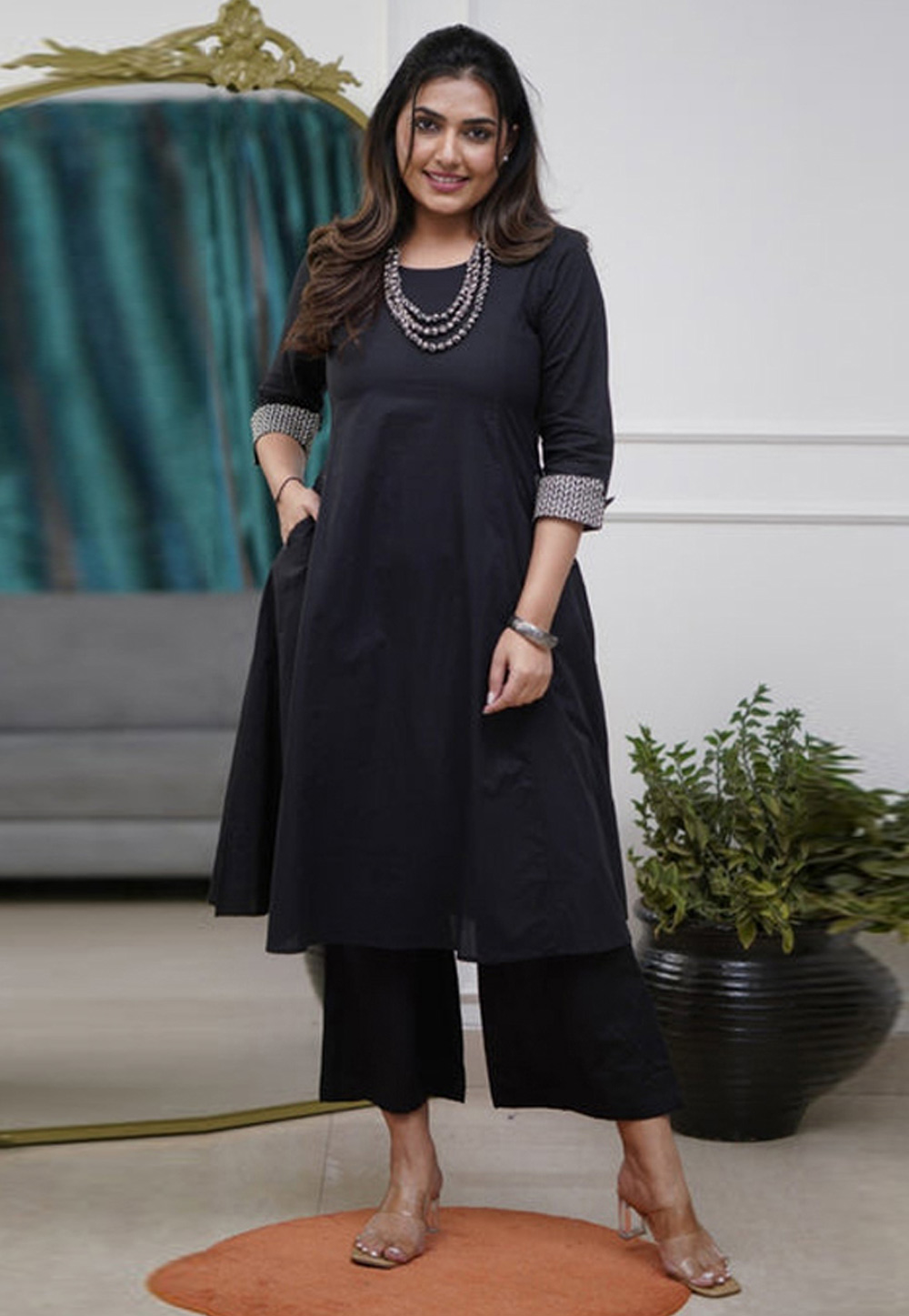 Black Viscose Kurta Set With Palazzo 310887