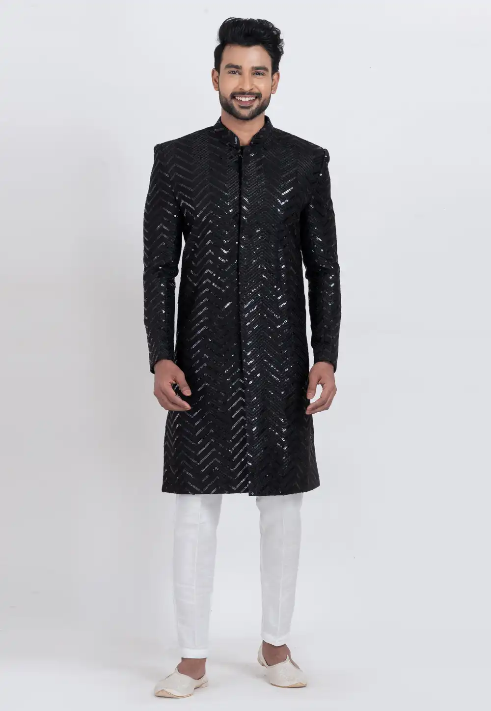 Black Viscose Rayon Indo Western Suit 306377