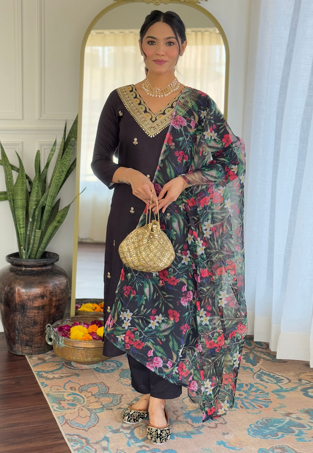 Black Viscose Rayon Readymade Pakistani Suit 308111