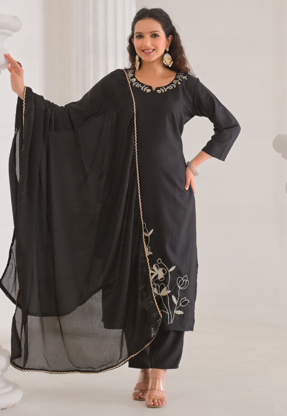 Black Viscose Rayon Readymade Pakistani Suit 308039