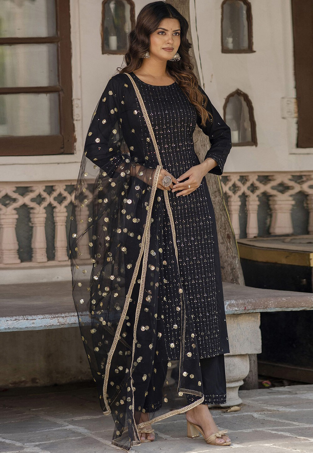 Black Viscose Rayon Readymade Pant Style Suit 283049