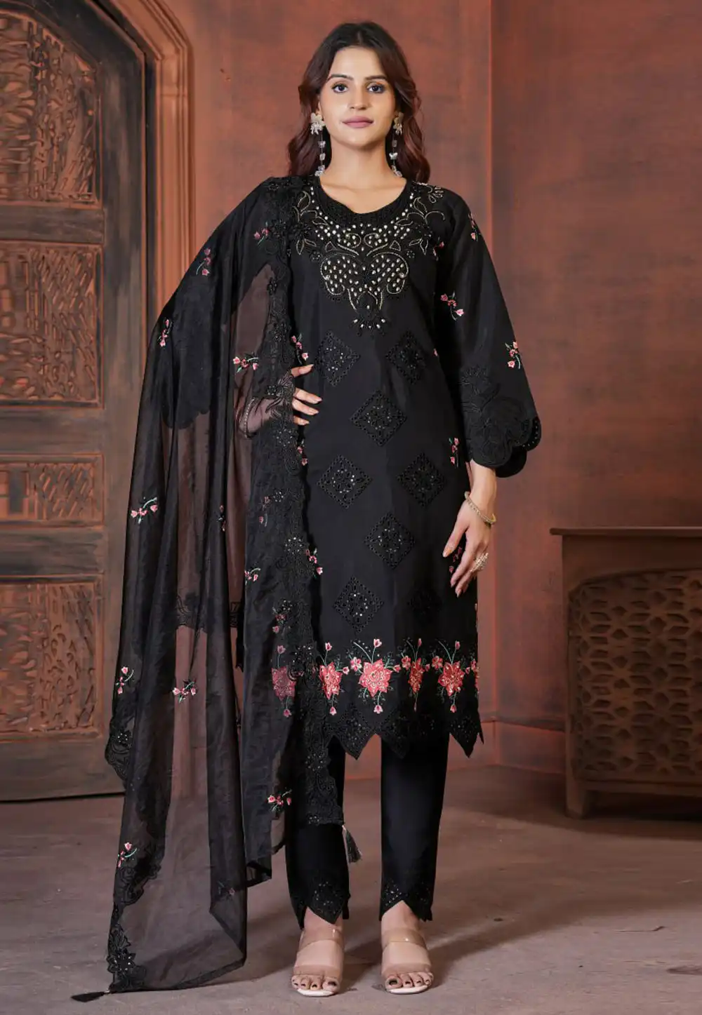 Black Viscose Readymade Pant Style Suit 320556