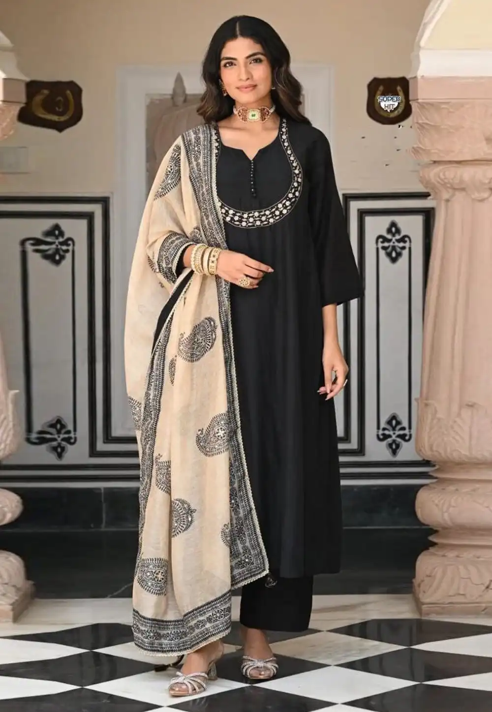Black Viscose Readymade Pant Style Suit 327345