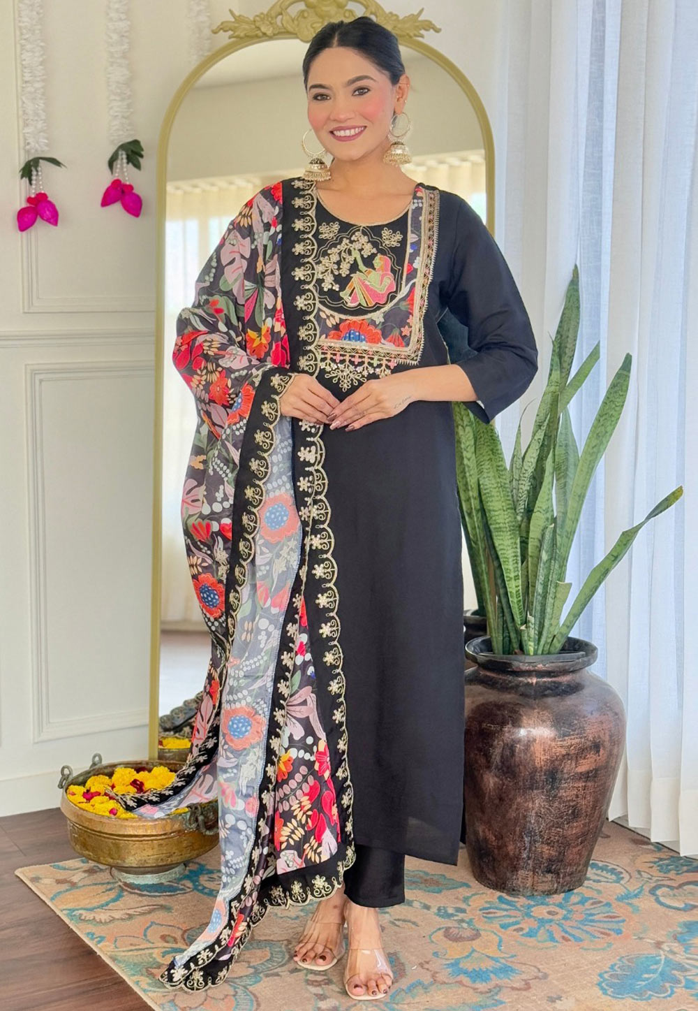 Black Viscose Readymade Pant Style Suit 308880