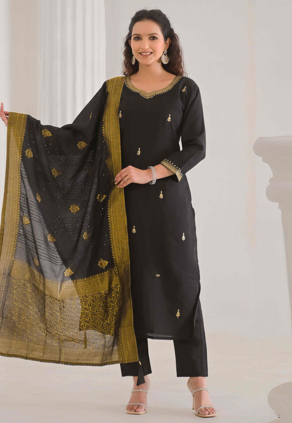Black Viscose Readymade Pant Style Suit 308802
