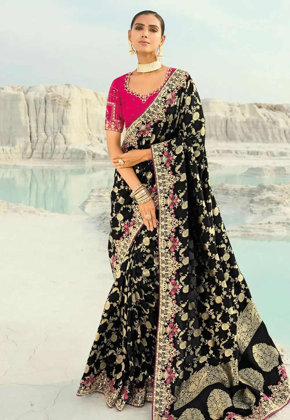 Black Viscose Saree With Blouse 319296