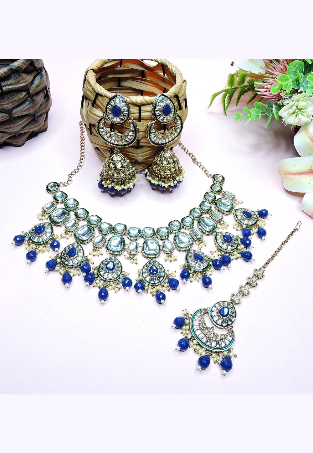Blue Alloy Necklace Set With Earrings and Maang Tikka 312382