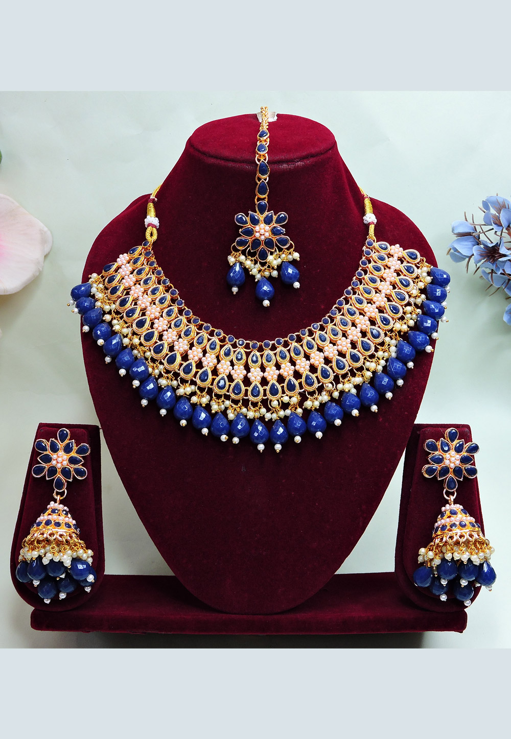 Blue Alloy Necklace Set With Earrings and Maang Tikka 312425