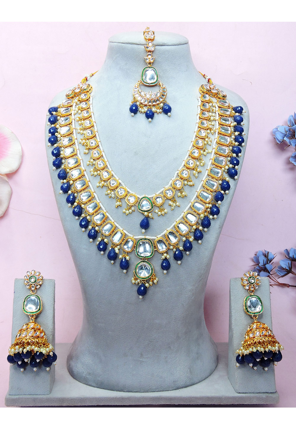 Blue Alloy Necklace Set With Earrings and Maang Tikka 312774
