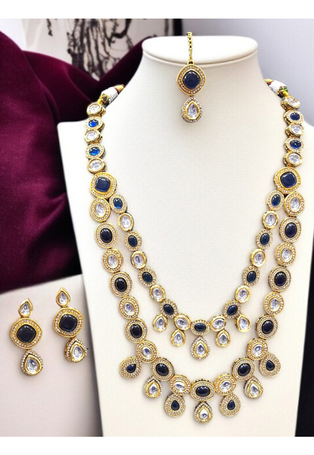 Blue Alloy Necklace Set With Earrings and Maang Tikka 313765
