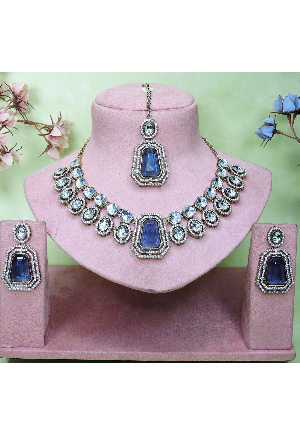 Blue Alloy Necklace Set With Earrings and Maang Tikka 329840